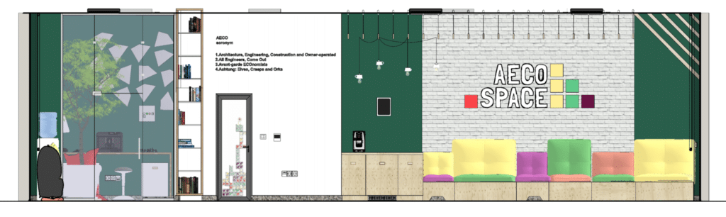 Élévation en coupe à travers le bureau AECO Space. Dessiné à l'aide de SketchUp Pro et compilé dans LayOut.